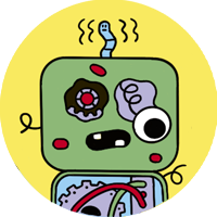 Robot verde con cara rota, todo escrachado