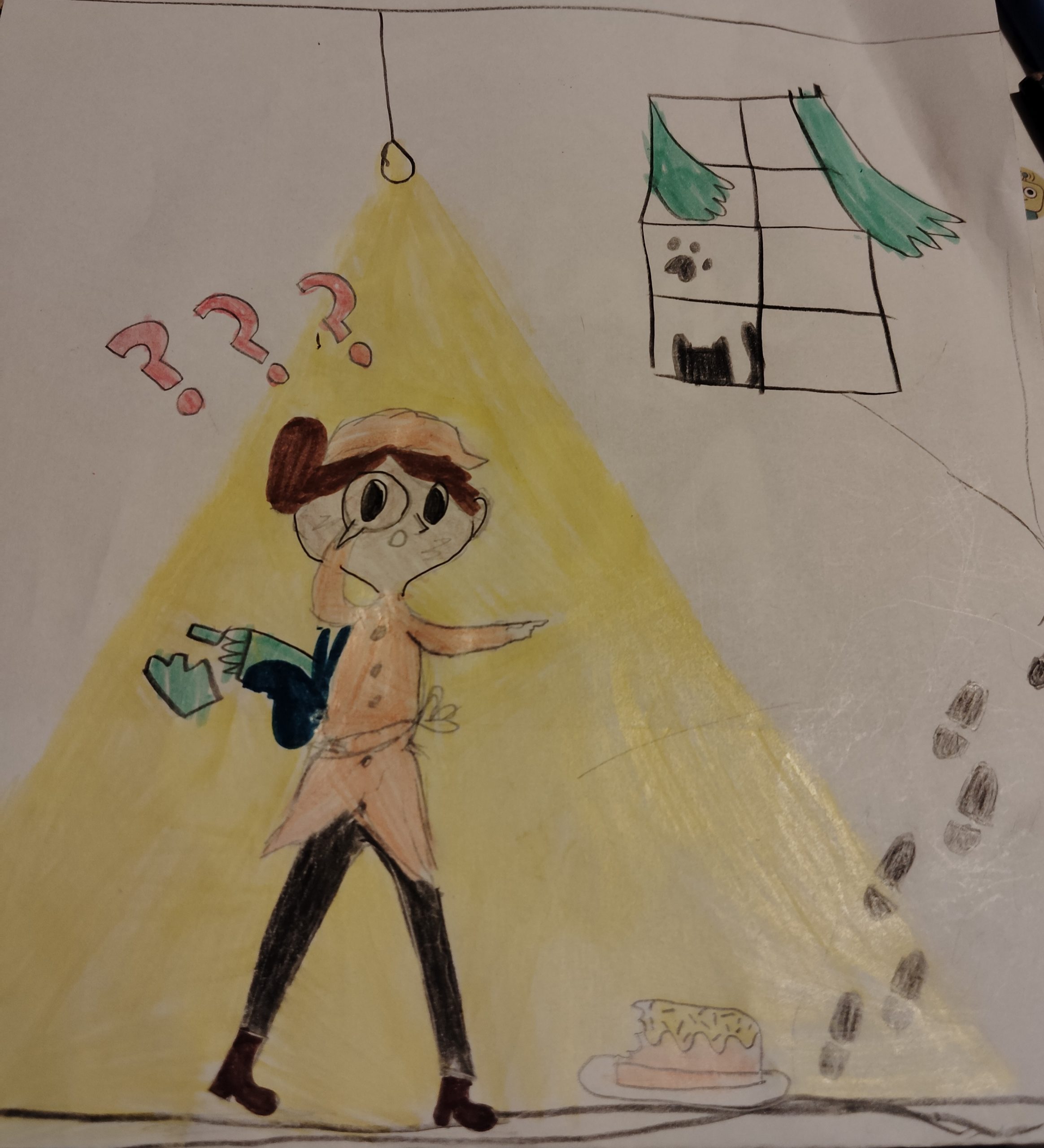 Hice este dibujo de una detective resolviendo un misterio de una torta. Me gustaría que aparezca en la próxima edición de gigantes de misterios